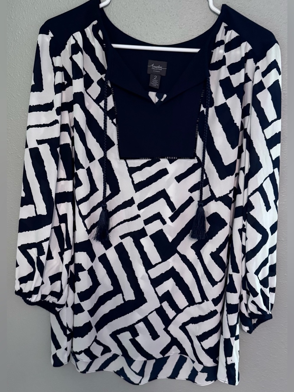 Chico's Travelers Collection Navy Blue and White Geometric Tassel Tunic